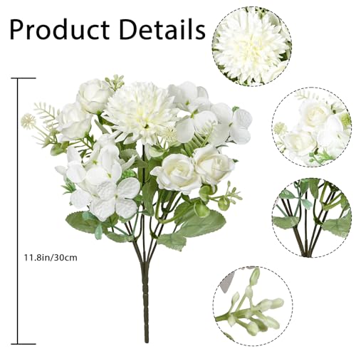 DEMIUKO 2 Bundles Artificial Flowers White Hydrangea Bouquet Spring Flowers Artificial Roses Like Real Fake Silk Flowers Decoration for Wedding Party Kitchen Table Home