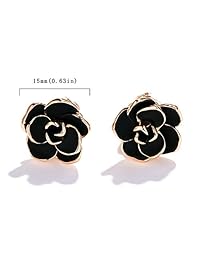 Acefeel 18K Rose Gold Plated Big Rose Flower Clip On Earrings with Black Enamel for Women 15mm