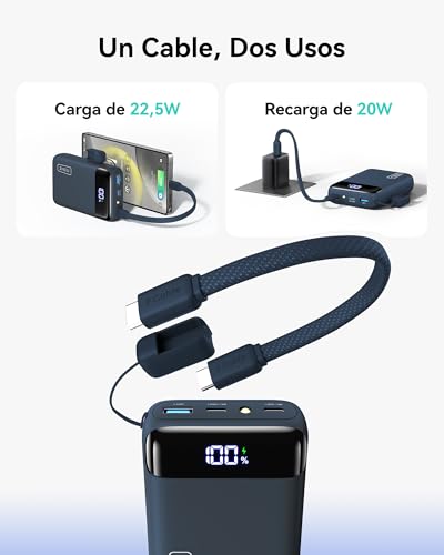 Power Bank, Ultrapequeño 20000mAh 22,5W Carga Rapida Bateria Externa con Cable USB C Adjunto, Apto para Avión, Esenciales de Viaje, Bateria Portatil para iPhone 17 16, Samsung, Xiaomi, Azul