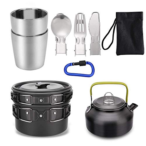 Lion Camping Cookware Mess Kit, 11Pcs Lightweight Pot Pan Kettle with 2 Cups for Outdoor Camping Backpacking Hiking Picnic