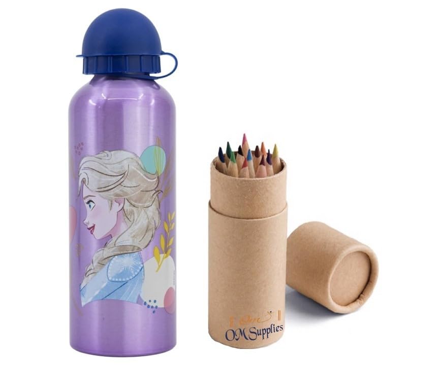 OM SUPPLIES Frozen Characters Aluminium Sports Bottle 530ml - Holiday, Back to School Water Drinking Kids Lunch Children Includes Half Size 12pcs (Frozen)