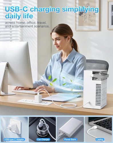 Portable Air Conditioners, Mini Personal Evaporative Cooler with Remote, 2 Mist Modes, 4 Wind Speeds, 1100 ML Water Tank, 2/4/6H Timer, Colorful Light, USB-C Powered Cooling Fan for Room Office Car