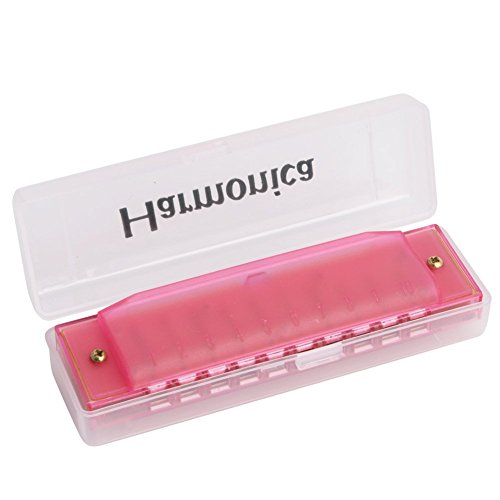 Kangnice Plastic 10 Holes Diatonic Blues Harp Harmonica Key of C Translucent Gift w/ Case (Pink)