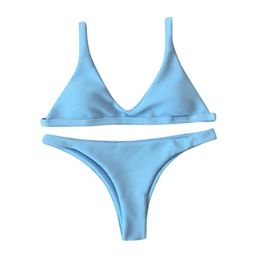 Bikini,Han Shi Women V Neck Solid Push-up Padded Bra Bandage Swimsuit Swimwear Bathing Suits (Blue, L) - Thumbnail 2
