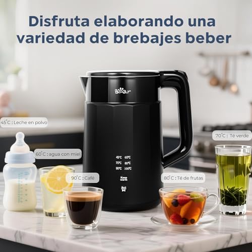 Hervidor de agua eléctrico, 1800 W-2200 W, 1,7 L, 45 °C ~ 100 °C, hervidor de agua con 6 regulaciones de temperatura, apagado automático y función de mantenimiento en caliente, acero inoxidable