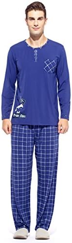HACAI Men's Pajamas Set Soft Modal Cotton Plaid Long Sleeve Sleepwear-Blue XL