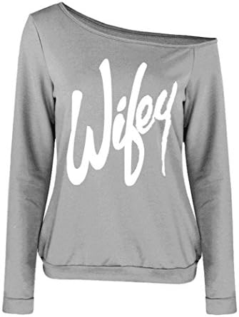 DBFACT Women's One Off Shoulder Letter Print Long Sleeve Casual T Shirt Summer Top Blouse (XL, Grey)