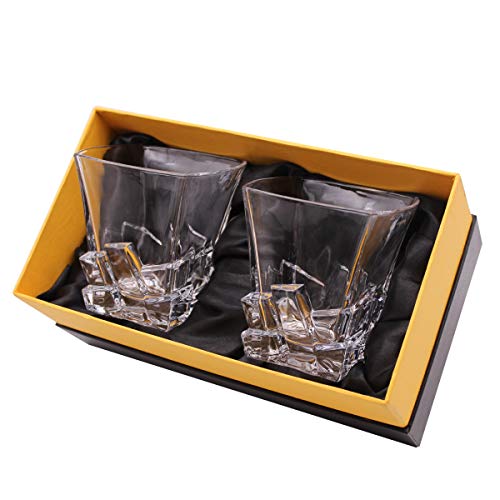 Almagic Whiskey Glass Set of 2 Iceberg Lead Free Crystal Old Fashioned Glass 10.5oz for Scotch or Bourbon Gift Boxed (Free 4 Big Round Chilling Whiskey Stones +Tong+ Velvet Bag)