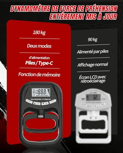 USB C Rechargeable Digital Hand Dynamometer, High Precision Grip Strength Tester 180kg, Intelligent LCD Display, 19 User Memory, for Sports, Rehabilitation and Health