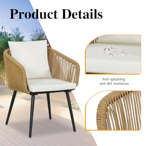YIYAN 3 Piece Patio Bistro Set, Wicker Outdoor Patio Set with Enhanced Comfort Seating, Round Glass Top Coffee Side Table, Patio Rattan Conversation Set for Balcony, Lawn, Garden, Backyard (White)