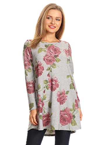 HEO CLOTHING Women's Floral/Camo/Striped Printed Loose Flare Fit Tunic Mini Dress Shirt Top Made In USA (F16-H.Grey-Floral, M)