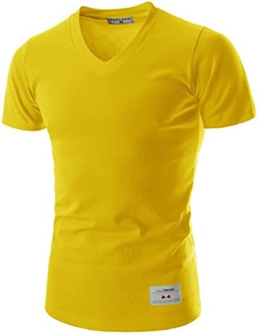 (TVS01) Unisex Slim Fit Casual Tee V-neck Short Sleeve Solid Cotton Tshirts YELLOW US XS(Tag size L)
