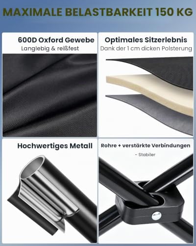 Campingstuhl Faltbar Bequem Gepolster, 150 KG Belastbar