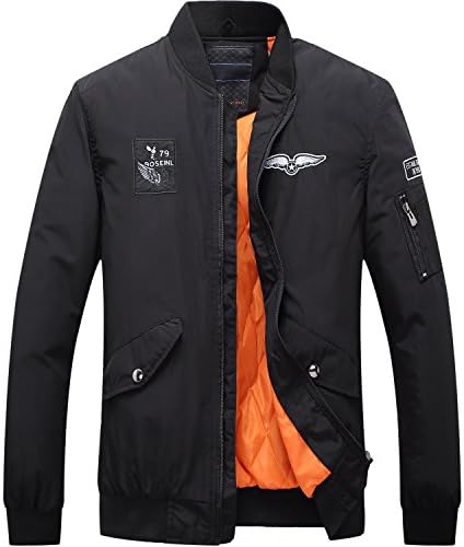 ICOOLYI Men's Stand Collar Bomber Flight Jacket Casual Baseball Windbreaker Coat (Medium, Black)