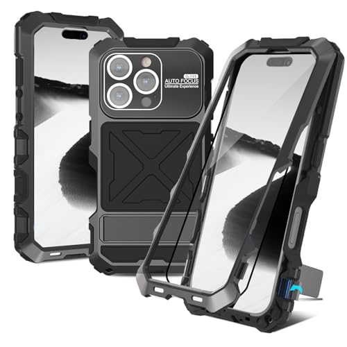 qichenlu Installation rapide sans vis - Coque d'extérieur compatible avec iPhone 16 Pro Max - Cadre en aluminium extrêmement léger - Norme militaire - Anti-chocs - En métal et silicone - Noir