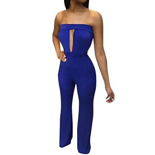 Minisoya Women Cut Out Off Shoulder Strapless Romper Playsuit Casual Solid Backless Wide Leg Jumpsuit Pants Clubwear (Blue, M)