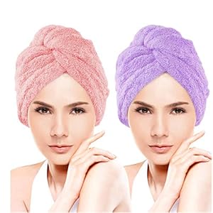 YOHOTA Microfiber Hair Towel with Button for Women, Super Absorbent Quick Dry Hair Turban For Drying ，2 Pack Hair Care…