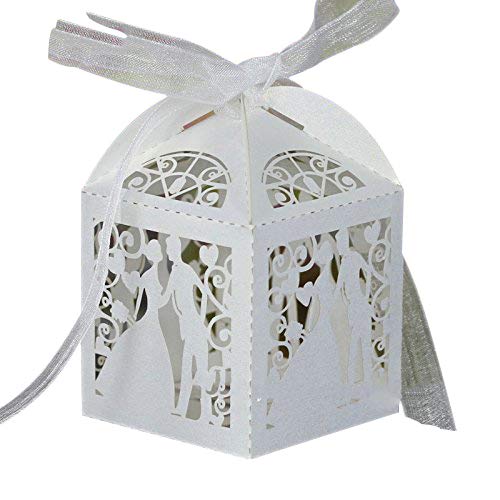 PONATIA 50pcs/Lot 2.3 Inches Laser Cut Pearl Paper Party Wedding Favor Ribbon Candy Boxes Gift Box White (Bride and Groom) - Thumbnail 6
