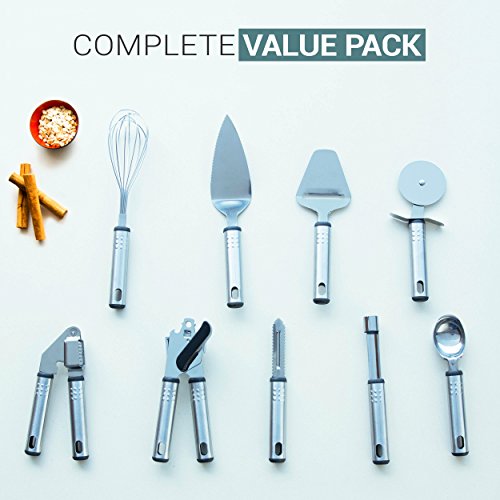 Kitchen Tools Set 9 Pc | Stainless Steel Kitchen Utensil Set | Tools Set Include Scooper, Pizza Cutter, Cheese Slicer, Peeler, Garlic Presser, Can Opener, Cake Server, Apple Corer, Egg Whisk