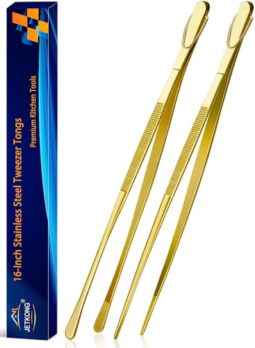 JETKONG 2 Pcs 16-Inch Heavy Duty Cooking Tweezers Extra Large Stainless Steel Food Tweezers Gaint Kitchen Tweezer Tongs (Gold)