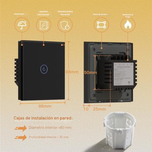 BSEED Smart WiFi Touch Light Switch, Glass Panel, Compatible with Alexa, Smart Life and Tuya (No Neutral Wire Needed), 1 Gang 1 Way, 86 mm Black
