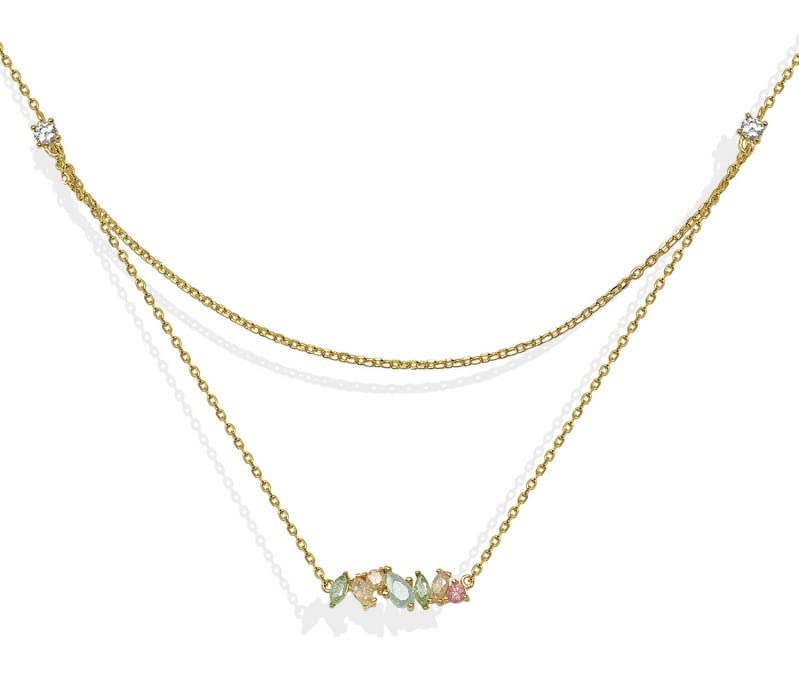 925 Sterling Silver Color Stone Necklace Choker Double Gold Chain with Stones, Jewellery for Women, Length 37 Plus 6 cm Extender by Martina