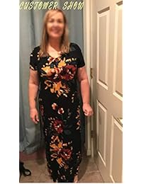 AKEWEI - Maxi vestido de verano para mujer, cuello en V, manga corta, vestido largo con bolsillo, falda de playa, con aberturas