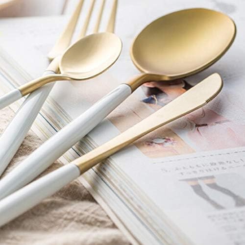 Anglayif Cutlery White Handle Brushed Gold and Silver Steak Knife and Fork 304 Stainless Steel Coffee Spoon (Color : White and gold)