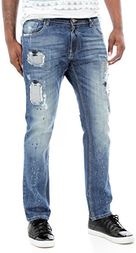 Copper Rivet Men's Zig Zag Stitch on Vintage Hole Denim Jeans-M/Sand Blue-32/32