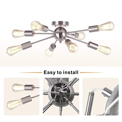 VINLUZ 8Light Sputnik Chandelier Brushed Nickel Semi Flush Mount Ceiling Light Modern Pendant