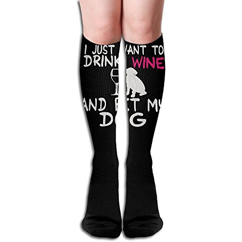 ZHONGJIAN Unisex Knee High Long Socks I Just Want To Drink Wine And Pet My Dog Cosplay High Long Stockings Length 50cm