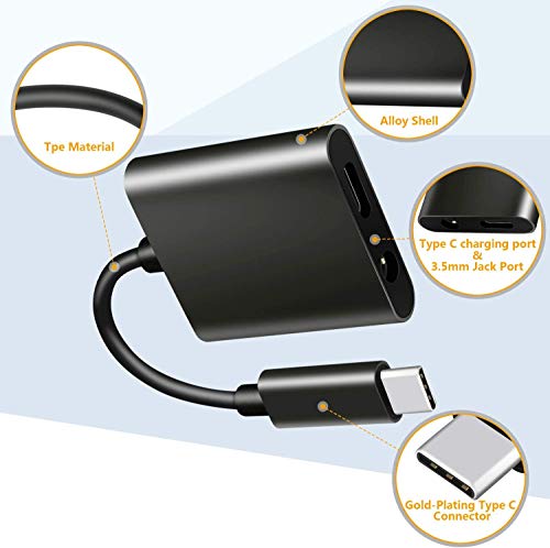 Azddur 2 in 1 USB C to 3.5mm Audio Adapter&PD Fast Charging Dongle Compatible with Galaxy S20/S20+/20Ultra/Note 10/10+, Google Pixel 4/4XL/3/2XL, iPad Pro and More(Not for Moto&OnePlus)(Black)