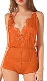 The victory of cupid Eyelash lace deep V-neck America back piece pajamas,Orange,XX-Large