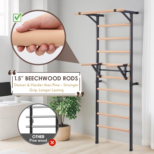 Morohope Solid Beechwood Stall Bar, 90" Swedish Ladder Wall Gym with Pull-up Bar & Dip Station, 220lbs Capacity Wall Mounted Gymnastics Ladder for Adult Home Gym, Stretching & Bodyweight Training