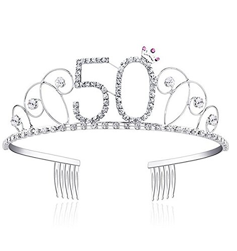 Veewon 50th Birthday Tiara Crown Crystal Princess Crowns Happy Birthday Hair Accessories