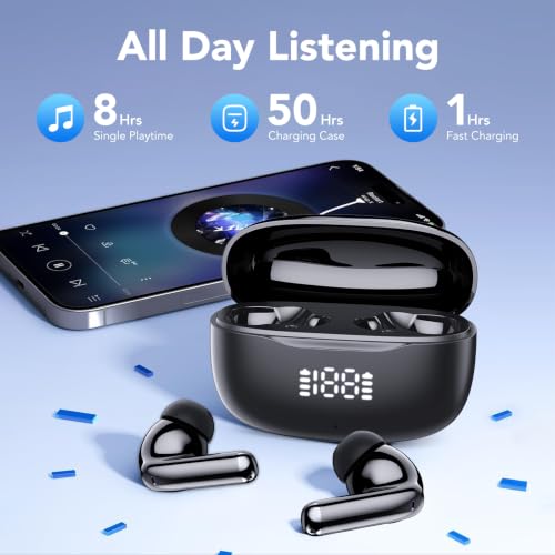 Bluetooth Headphones, Wireless Bluetooth 5.3, In-Ear Headphones with 4Mic ENC Call, Noise Cancelling LED Display, HiFi Stereo Bass, 50 Hours Playtime, IPX7 Waterproof, Earphones for iOS Android
