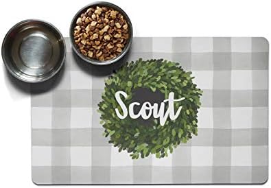 The Navy Knot Personalized Pet Mat - Neoprene, Sturdy & Non-Skid Back - Cats & Dogs Feeding Mat - Petfood, Water & Dish Bowl Pad - Edge Corner Utility Placemat (12 x18, Gray Plaid Wreath)
