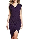 ANGVNS Women's V Neck Ruched Sleeveless Bodycon Cocktail Party Dress(Purple,L)