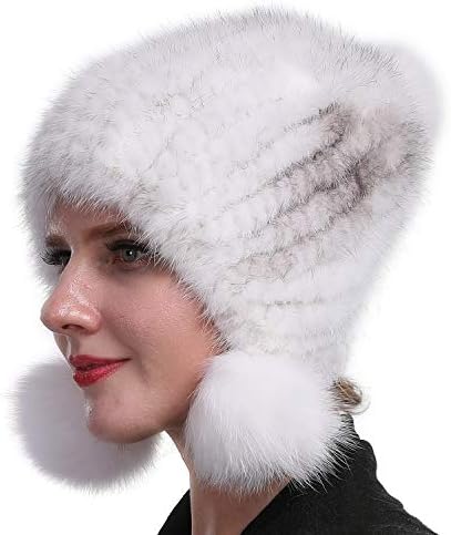 Valpeak Womens Winter Hat Knitted Mink Fur Hats Fox Pom Pom