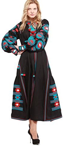 Embroidered Long Dress black woman. Vyshyvanka Ukrainian Boho Style Dress (L, 140cm black)