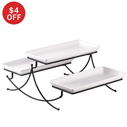 3 Tier Serving Stand Collapsible Tiered Serving Stand with 3 Porcelian Seving Platter for Food Display Cake Dessert Buffet Server 14-inch