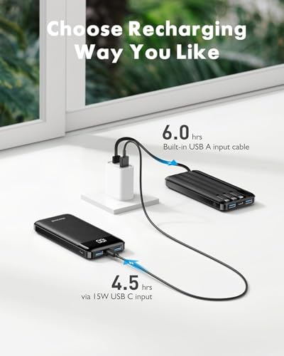 Charmast Power Bank with Built in Cables X 4, 10000mAh USB C Battery pack 6 Outputs 3 Inputs with LED Display Type C Powerbank Portable Charger Compatible with Smartphones Tablets and More