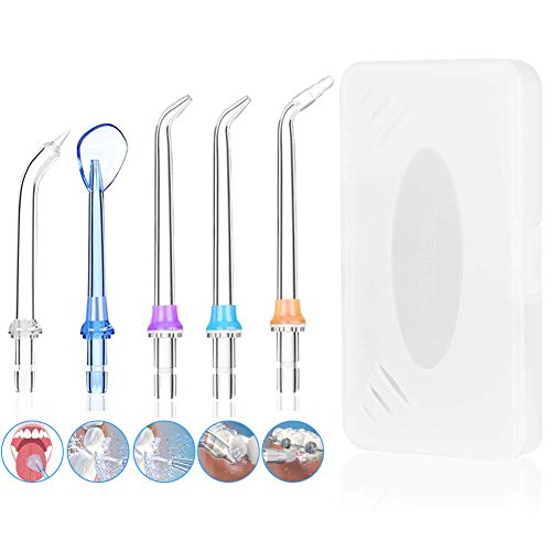 Replacement Professional 5 Dental Water Jet Nozzle Accessories, 2 Jet Tips, 1 Orthodotic Tip, 1 Orthodotic Tip, 1 Periodonatal Tip, 1 Tongue Cleaner Tip for Duomishu Water Flossers