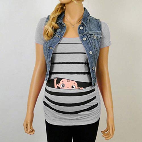 Woman Maternity T-Shirt,Stripe Baby Print Short Sleeve Ruched Side Top, Pregnancy Funny Fashion Style Blouse (Gray, L)