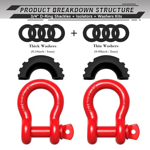 D Ring Shackle 3/4" (2 Pack), 41,887 lbs Break Strength, Clevis Shackle with 7/8" Screw Pin, Shackle Isolator Washers Kit for Tow Strap, Winch & Off-Road Vehicle Recovery, Red