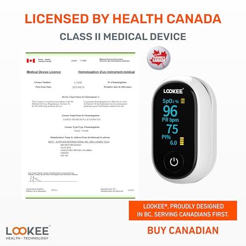 LOOKEE A320 Premium Pulse Oximeter Finger Heart Rate Oxygen Monitor | Proudly Canadian | SpO2 Blood Oxygen Level | Medical Accuracy, Alarm & PI | OLED Display | Batteries & Lanyard