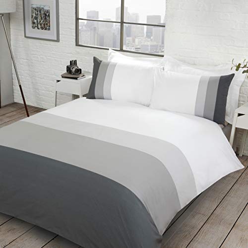 Sleepdown Colour Block Grey Reversible Easy Care Duvet Cover Quilt Bedding Set with Pillowcases - Super King (220cm x 260cm)