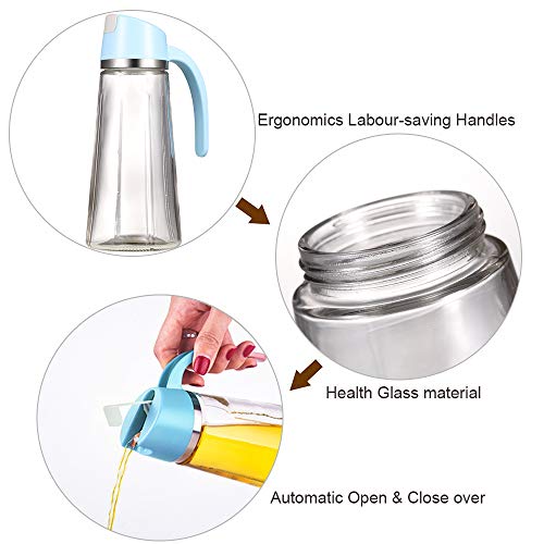 Auto Flip Olive Oil Dispenser Bottle,17 Oz Leakproof Condiment Container with Automatic Cap Glass Oil and Vinegar Dispenser with Non-Slip Handle for Kitchen Cooking (Blue) - Thumbnail 4
