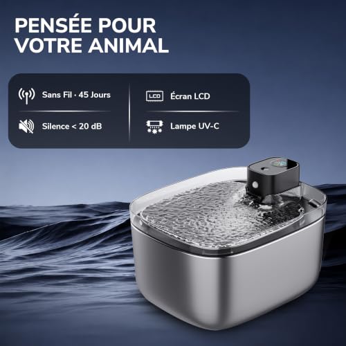OXLY Stainless Steel 304 Wireless Cat Water Fountain – Ultra Quiet <20dB, 5.5L, 45 Days of Battery Life, LCD Display, UV-C Lamp, Motion Detector – Automatic Water Dispenser for Cats and Dogs