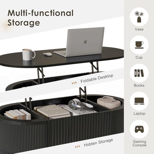 LYNCOHOME Fluted Lift Top Coffee Table with Hidden Compartment, Modern Oval Coffee Table for Living Room, Home Office (Black)